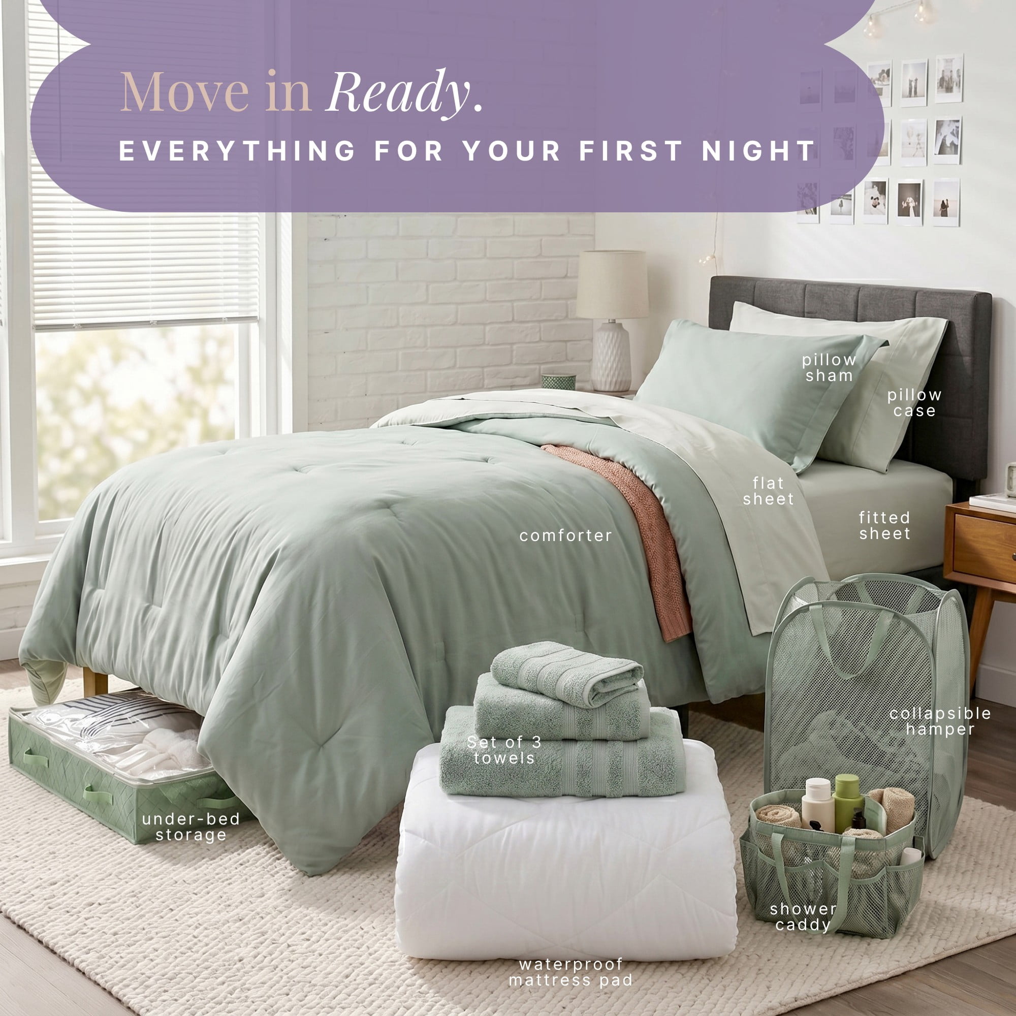 Nestl Back to College Dorm Room Essentials, Twin XL Comforter Sets, Dorm Bedding, Twin Xl Bed In a Bag with All Dorm Accessories and Bedding, Sage Green