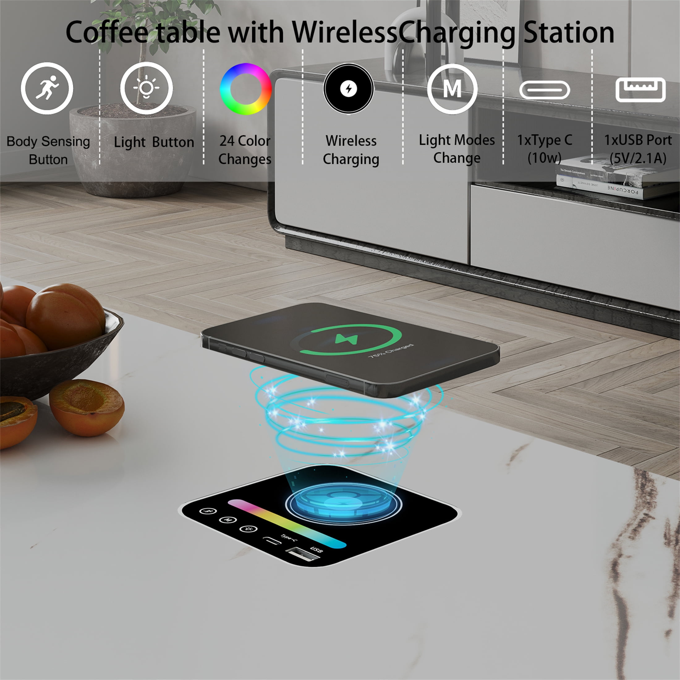 Yeahumalia Modern LED Coffee Table with Bluetooth Speaker, Wireless Charging, and Storage Organizer, White