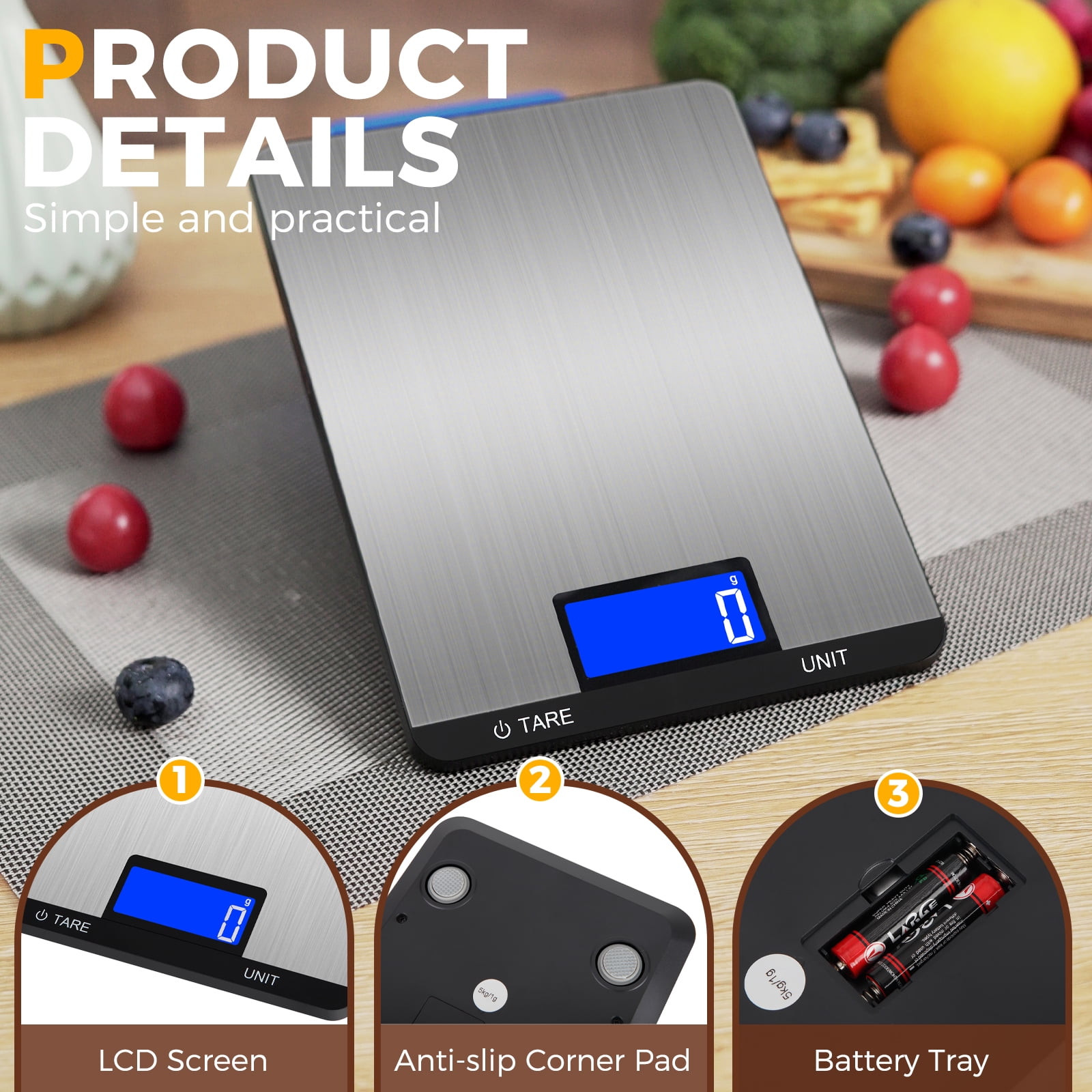 JELLOO 10kg/1g Digital Kitchen Scale High Precision Mini Gram Scale Weight Ounces and Grams for Cooking, Baking 7 Units with Tare Function Food Scale for Coffee, Powder, Pills