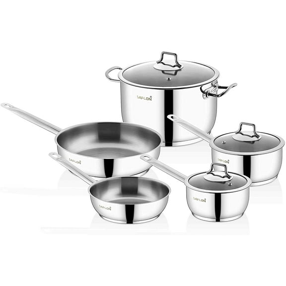 Saflon Stainless Steel Tri-Ply Capsulated Bottom 8 Piece Cookware Set, Induction Ready, Oven and Dishwasher Safe
