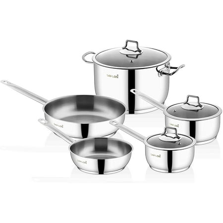 

Saflon Stainless Steel Tri-Ply Capsulated Bottom 8 Piece Cookware Set Induction Ready Oven and Dishwasher Safe
