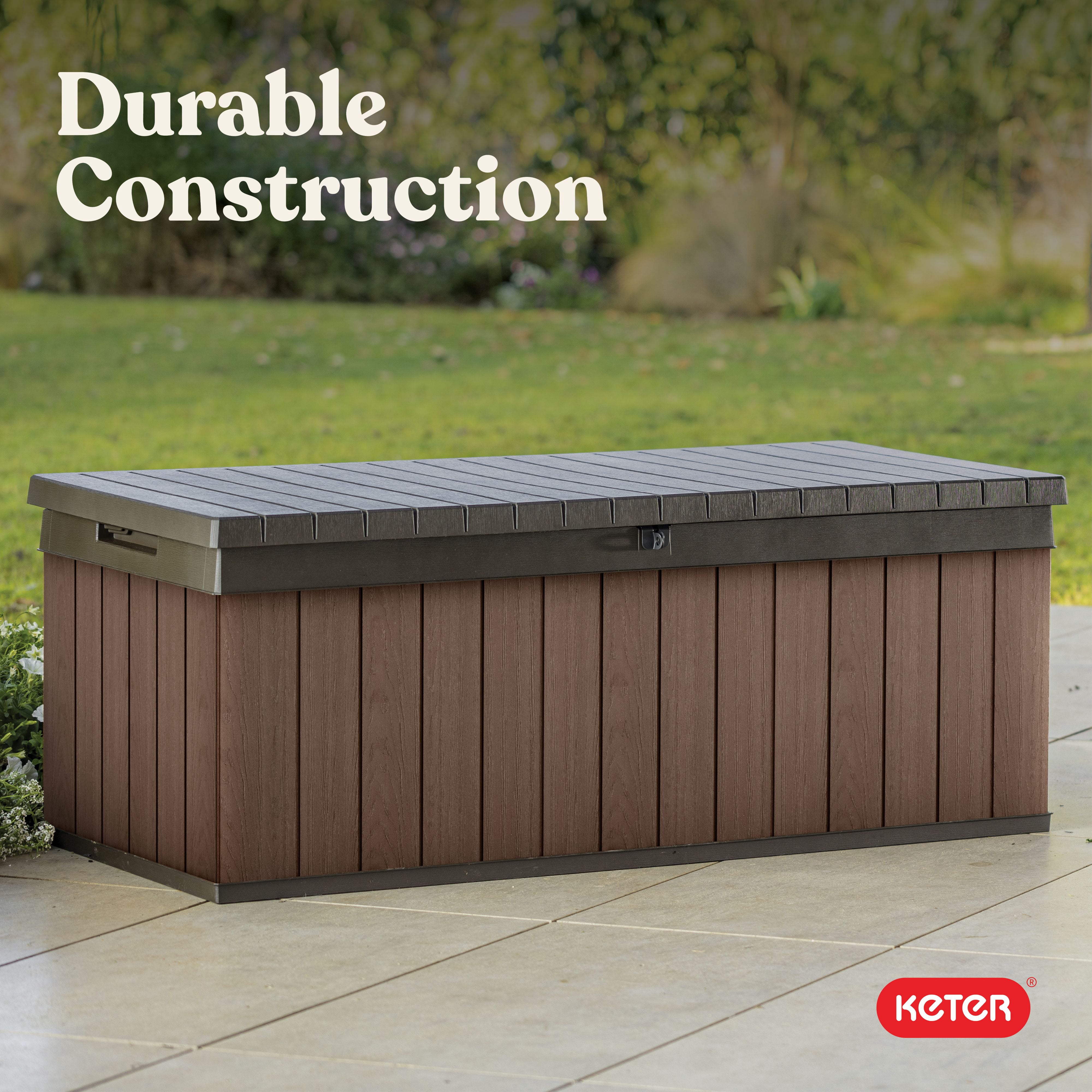 Keter Darwin 100 Gallon Resin Large Deck Box - Organization and Storage for Patio Furniture, Outdoor Cushions, Garden Tools and Pool Toys, Brown