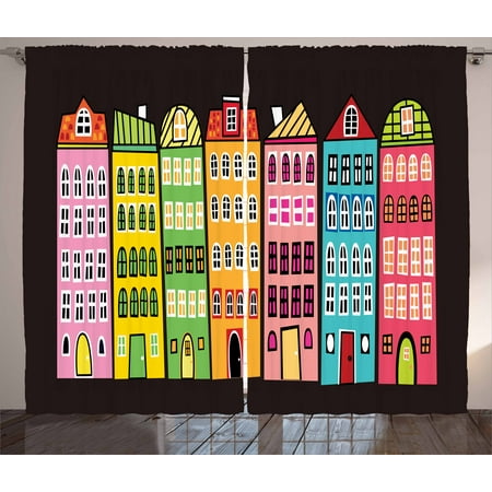 Colorful Curtains 2 Panels Set, Illustration of the Cityscape Apartment Buildings European Architecture Urban Life, Window Drapes for Living Room Bedroom, 108W X 108L Inches, Multicolor, by