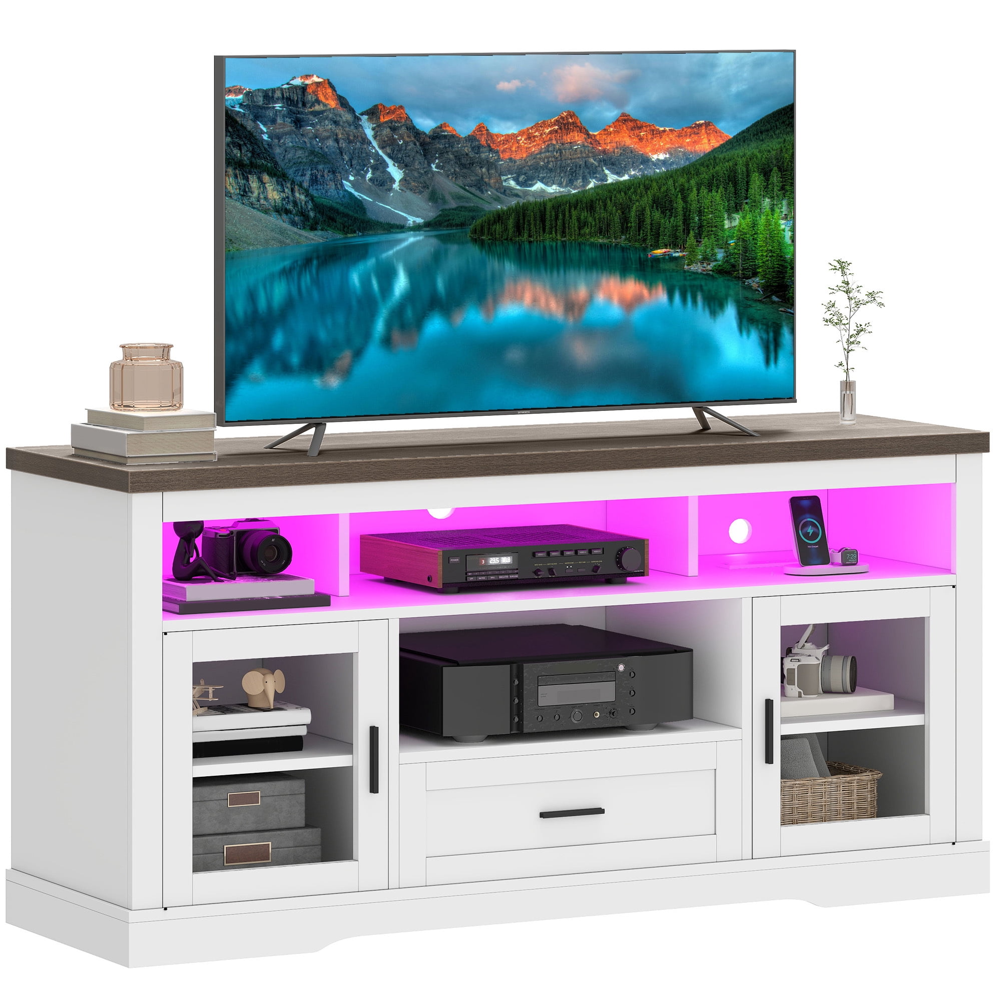 Uforic LED TV Stand for TV up to 65", Highboy Entertainment Center w/Outlets & USB Ports, Media Console Cabinet w/Glass Doors, White