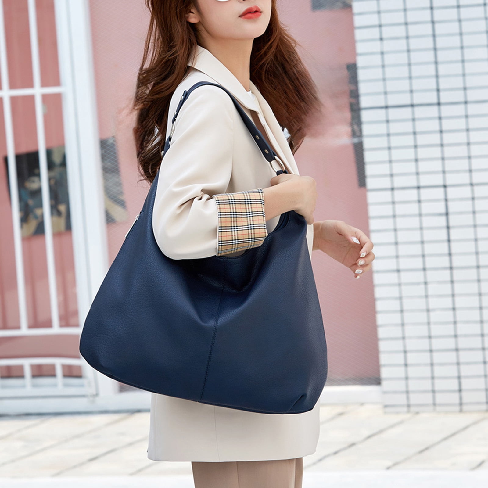 Stylago Slouchy Shoulder Bags Soft Leather Versatile Underarm Handbag Adjustable Button Strap Large Stylish Tote Purses Blue