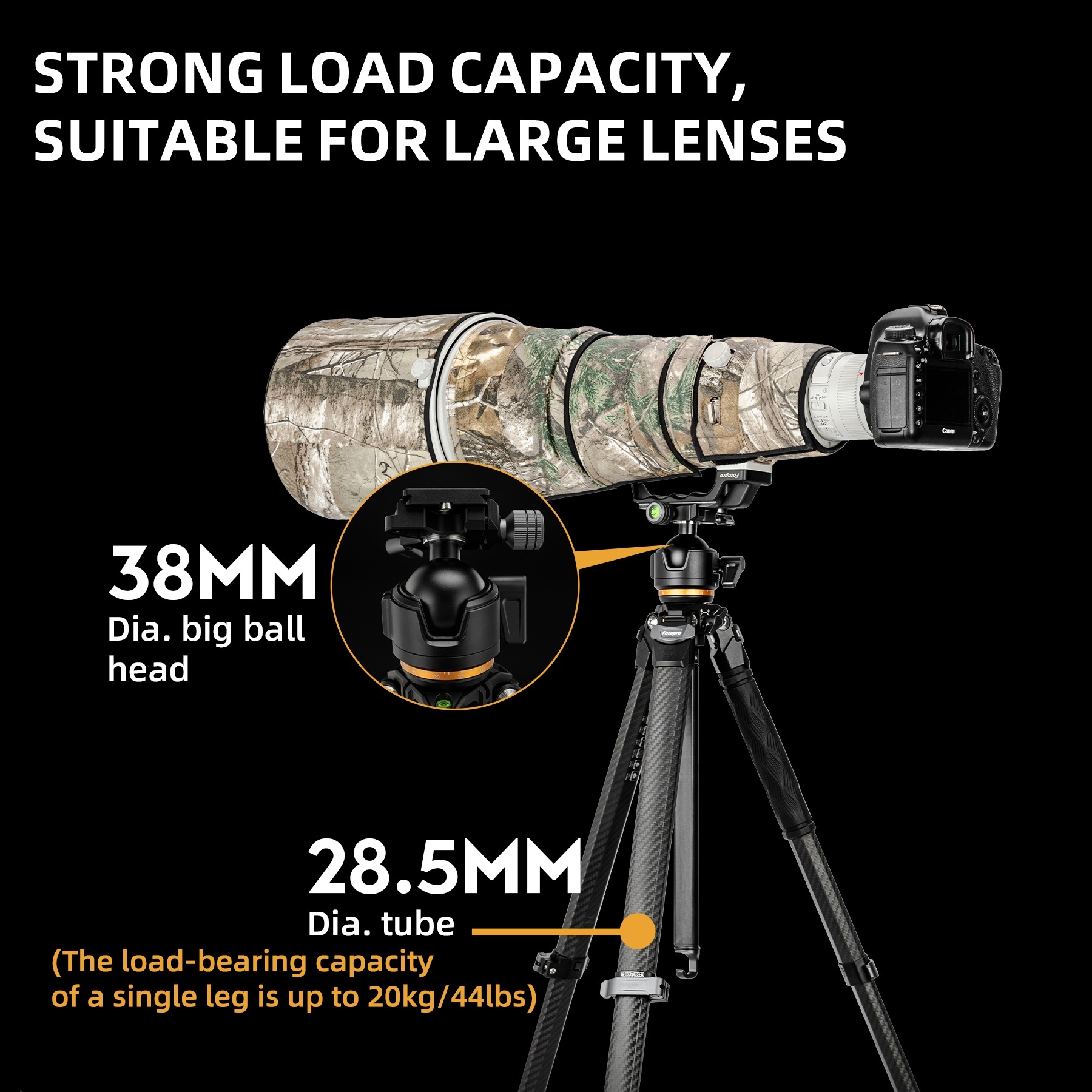 Fotopro Origin Compact Travel Tripod, Professional 60" Carbon Fiber Camera Tripod with Arca-Swiss Quick Release, Super-Large Ball Head Tripod for Photography, Max Load 15kg/33 lbs