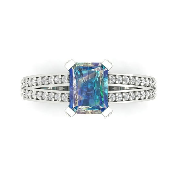 2.35 ct Emerald Cut Blue Moissanite Solitaire with Simulated Diamond Accents 18K White Gold Womens Engagement Ring