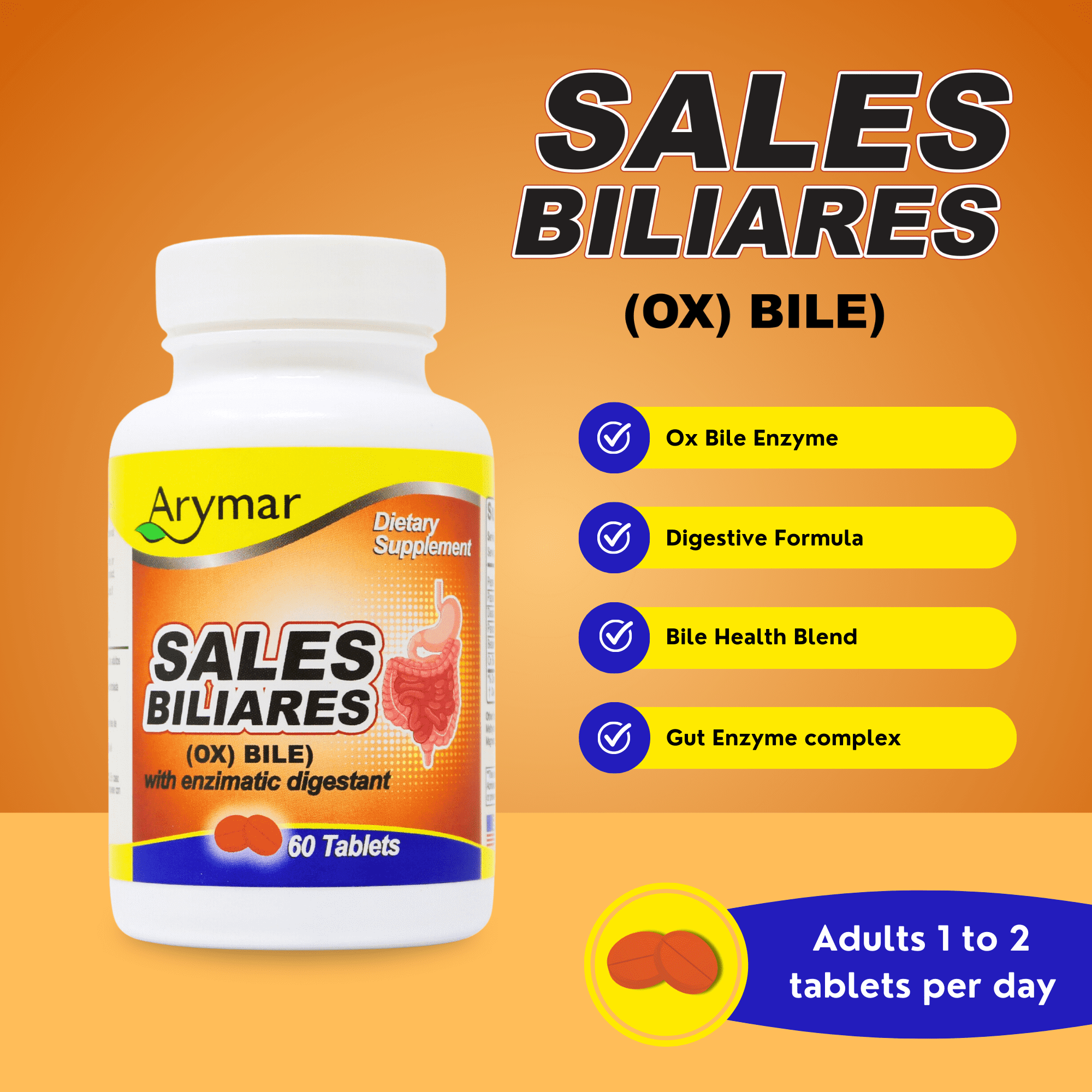 Arymar Sales Biliares Ox Bile with Digestive Enzymes - 60 Tabs