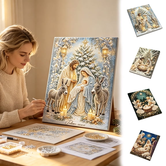 Nativity Scene Diamond Painting Kit, 5D DIY Jesus Pearl Art Kit for Adults, Jesus Christ & Religious Christmas Wall Decor with Frame, Christian Mosaic Craft Kits for Home Wall, A