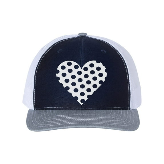 Heart Hat, Polka Dot Heart, Trucker Hat, Heart Cap, Adjustable, Women's Trucker Hat, Polka Dot Hat, Heart Snapback, 10 Colors!, White Text, Navy/White/Heather