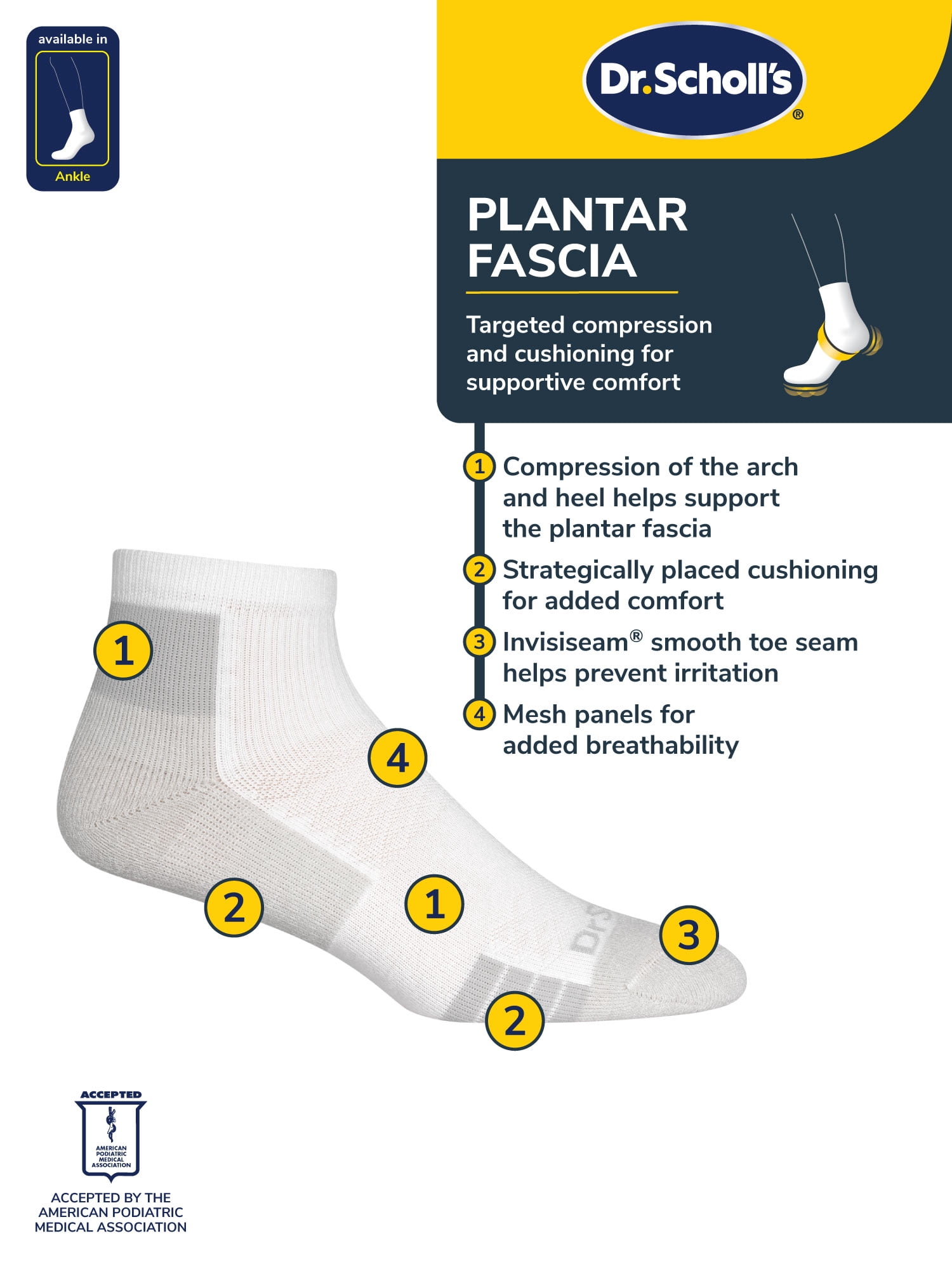 Dr. Scholl's Men's Ankle Plantar Fascia Relief Socks, 3-Pack