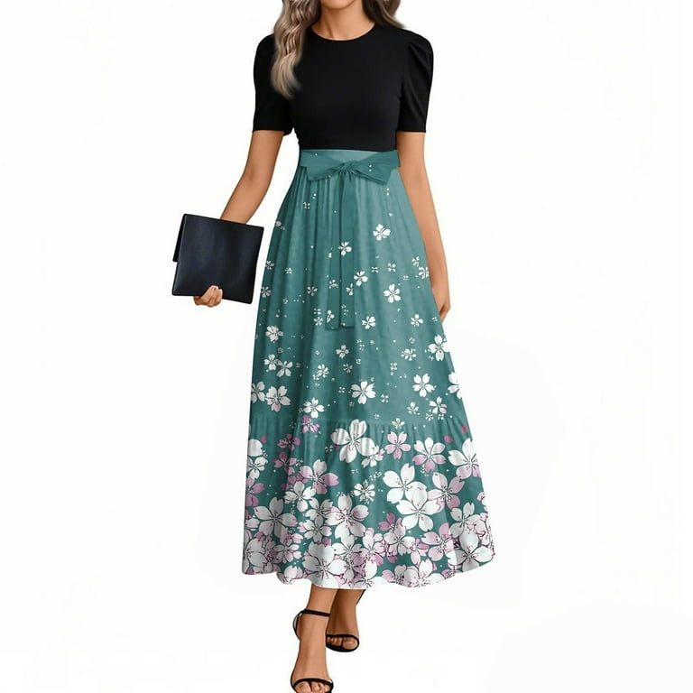Tqwqt Floral Dress for Women Short Sleeve Teacher Dress Floral Print Maxi Church Dresses Empire Waist Office Patchwork Ruffle Hem A Line Dresses Plus