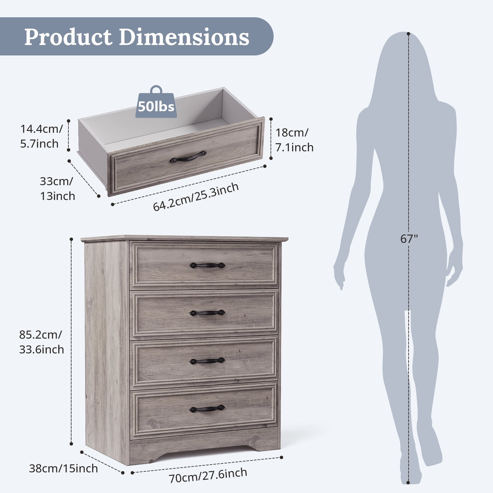 Holliwill 4 Drawer Dressers for Bedroom, Modern Wood Chest of Drawers Storage Cabinet for Living Room, Hallway, Gray