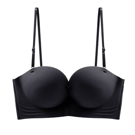SMihono Women s Non-Slip Front Closure Strapless Balconette  Anti-Sagging Seamless Bra  Push up Full Support Bras with Strap Black XL