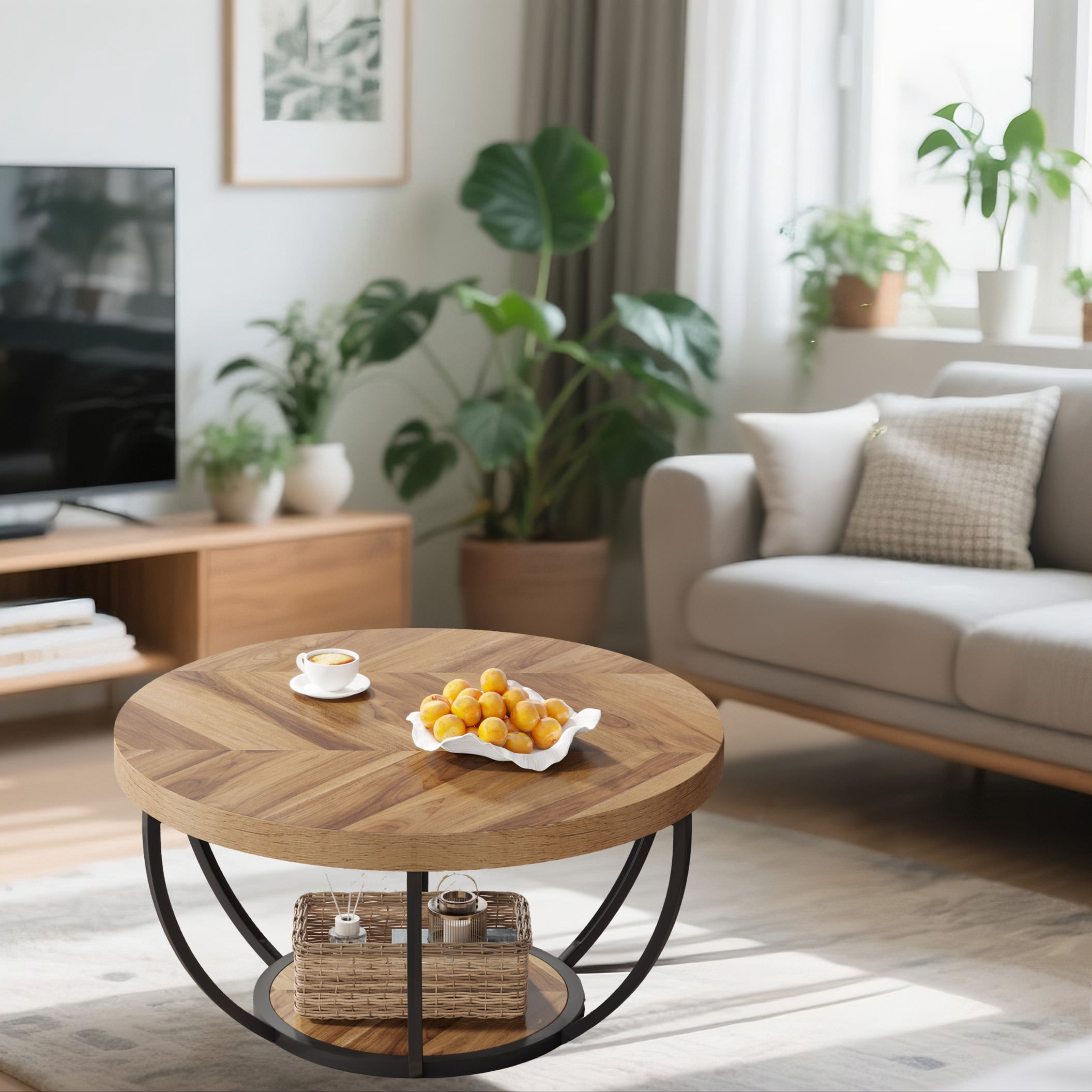 2-Tier Round Wooden Coffee Table, Modern Cocktail Table with Storage Shelf, Sturdy Living Room Coffee Table, Beige