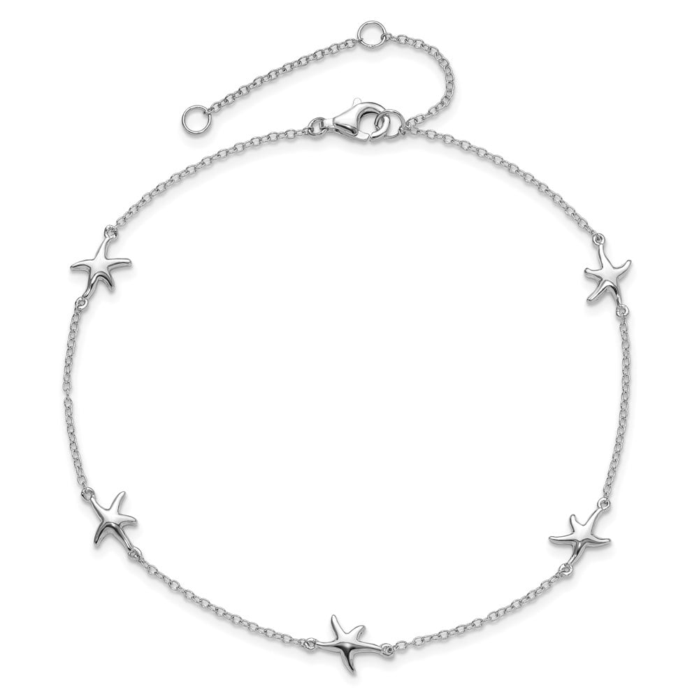 Sterling Silver Rhodium-plated Starfish 10in Plus 2in ext Anklet