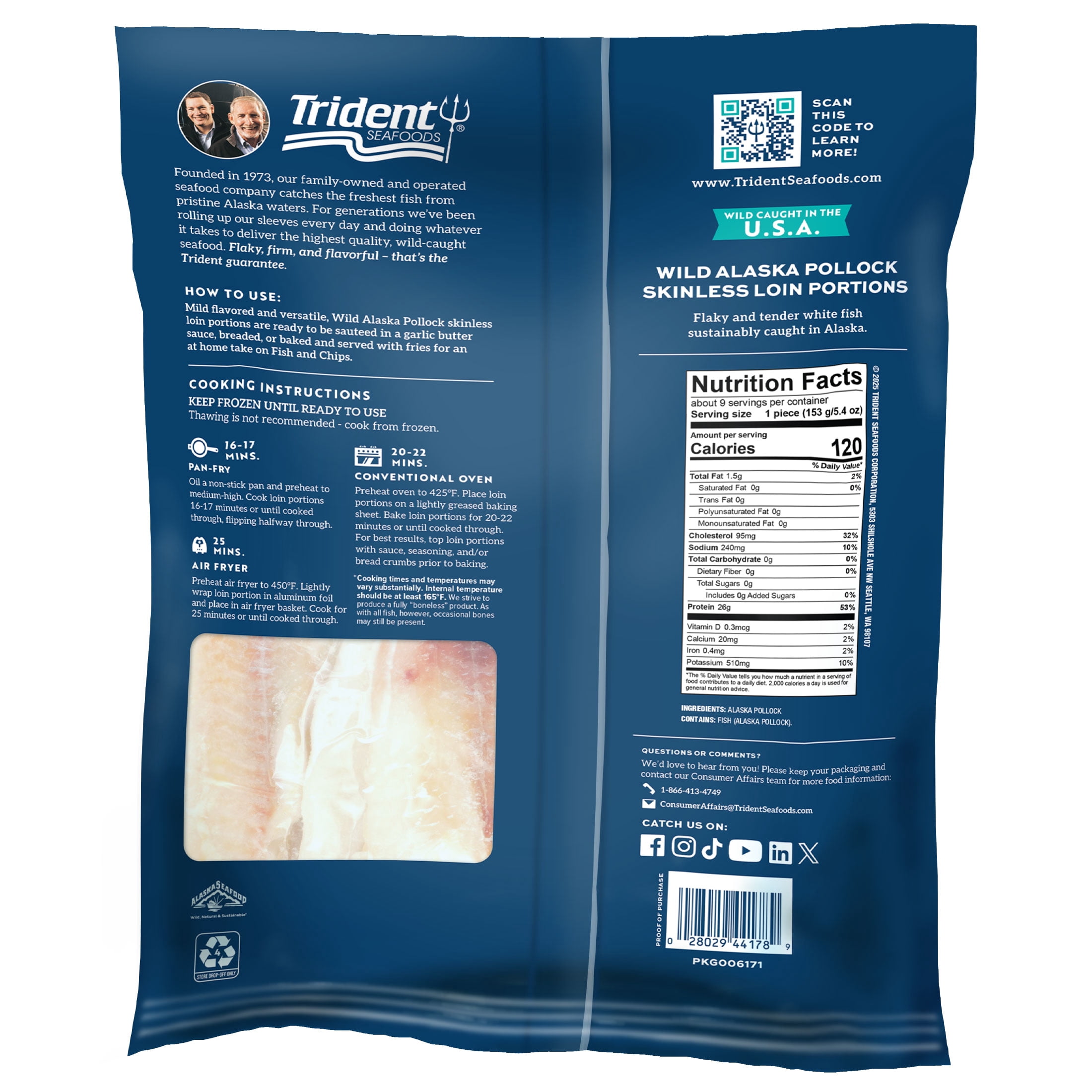 Trident Seafoods Alaska Pollock Loin Portions 5.3oz Wild Caught Boneless Filets