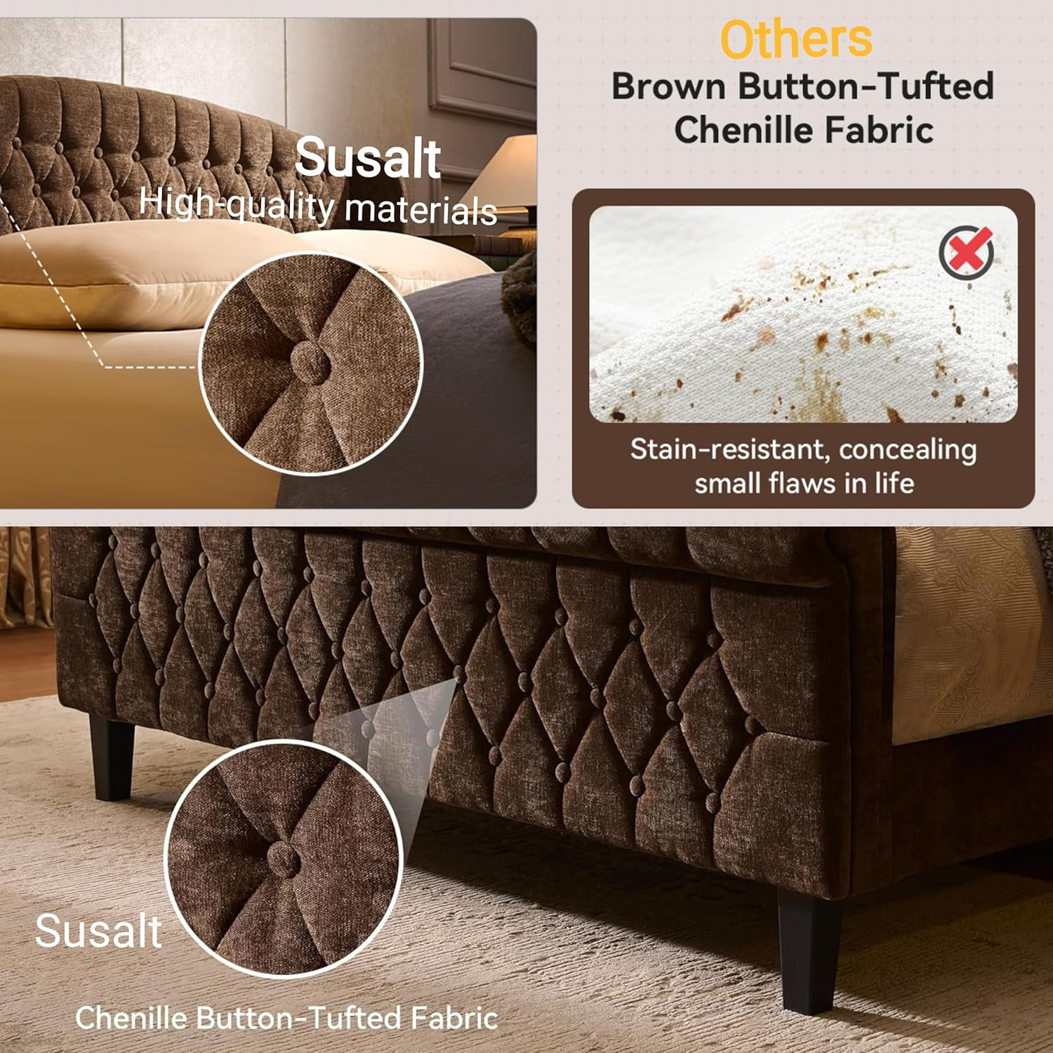 Sailvan Queen Bed Frame,Chenille Upholstered Platform Sleigh Bed Frame with Rolling Footboard, Button Tufted/Wooden Board Support/No Box Spring Required