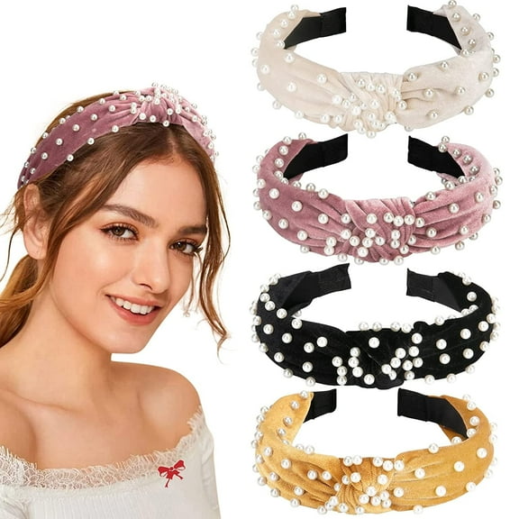 LZLINGMEI Headbands for Women, Beaded Headband Non Slip Wide Top Knot Head Bands, Black White Pink Gold Headband with Pearls Hair Accessories for Women and Girls Daily Festival Gifts