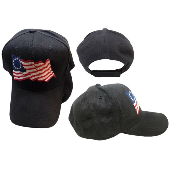 Betsy Ross Waving Flag Black 100% Cotton Adjustable Embroidered Baseball Hat Cap