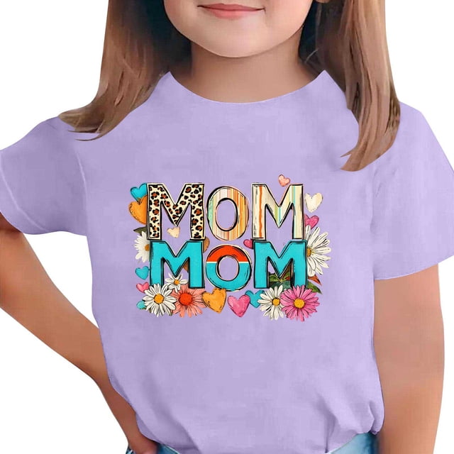 Zpanxa T-Shirts pour Tout-Petites Fille Imprimé Fête des Mères Col Rond Manches Courtes Haut Polyester Spandex 3-4 Ans