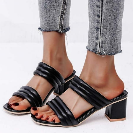 

HIBRO Ladies Fashion Summer Solid Color Leather Thick High Heel Sandals And Slippers
