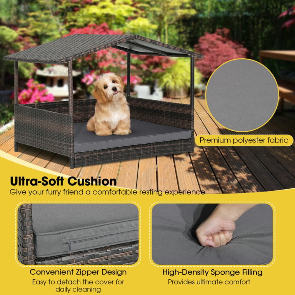 YYAo Dog Crate, Pet Crate, Pet Kennel, Outdoor Wicker Dog House with Weatherproof Roof-Gray