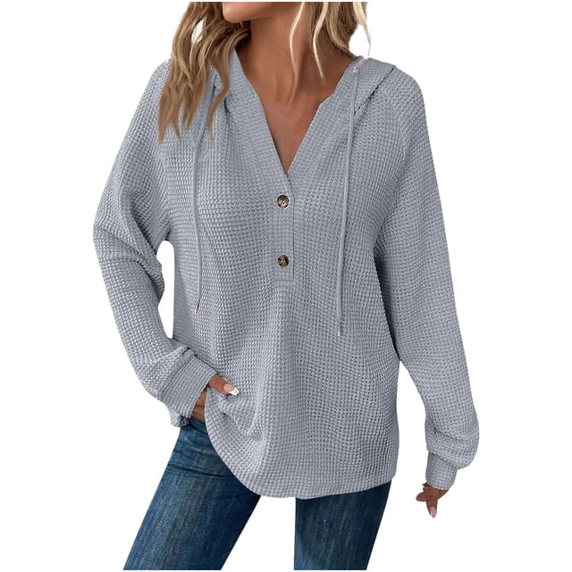 Women's Waffle Hoodie 2025 - Button V-Neck Design | Drawstring Casual Long Sleeve Pullover