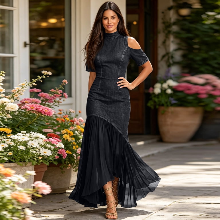 walmart off the shoulder dress Women Casual Off Shoulder Short Sleeve Dress Mesh Hem Asymmetrical Midi  Dress for Daily and Party Wear Blue 2XL