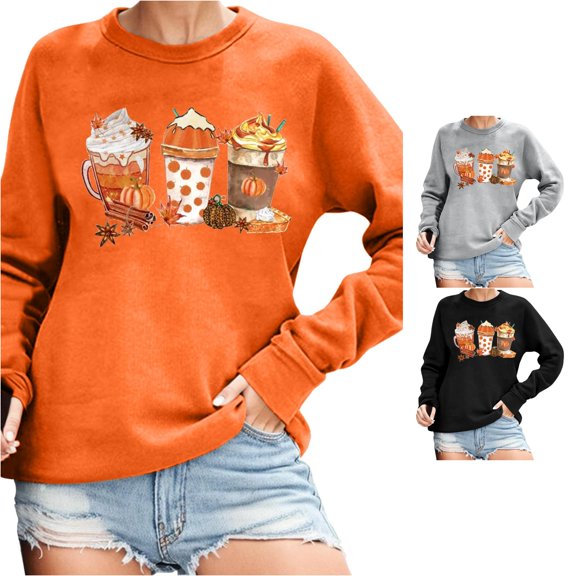 Halloween Sweatshirt for Women Hoodless Sweatshirt Fall Sweatshirt for Women Fashion Seasonal Autumn Pumpkin Loose Pullover Long Sleeve Tee Orange S