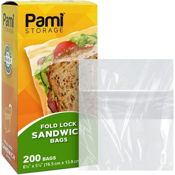 PAMI Disposable Plastic Sandwich Bags Fold Top Close Snack Bag, 200-Pack