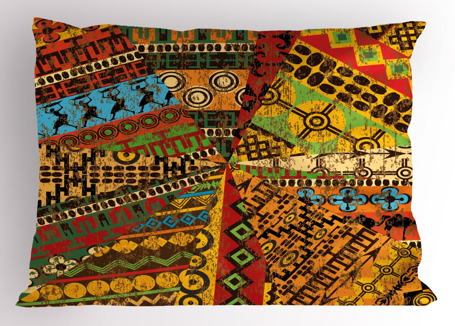 African Pillow Sham Grunge Collage with Ethnic Motifs Tribal Ancient