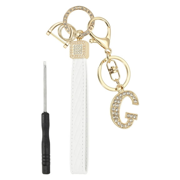 Leather Wristlet Keychain, Letter G Keychains with Key Ring and D Ring Car Keys Keychain Decorative Alphabet Key Chain for Bag Backpack DIY, Gold Tone