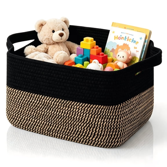 Woven Cotton Rope Storage Basket, 15" x 9.8" x 9.1", Shelf Basket with Handles for Closet, Home & Office Organization