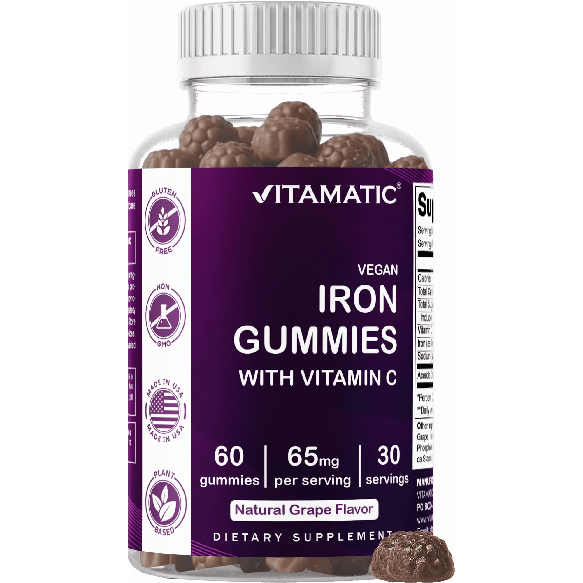 Vitamatic Iron 65 mg Gummies Supplement for Women & Men - 60 Vegan Gummies - Great Tasting Iron Gummy Vitamins with Vitamin C (1)