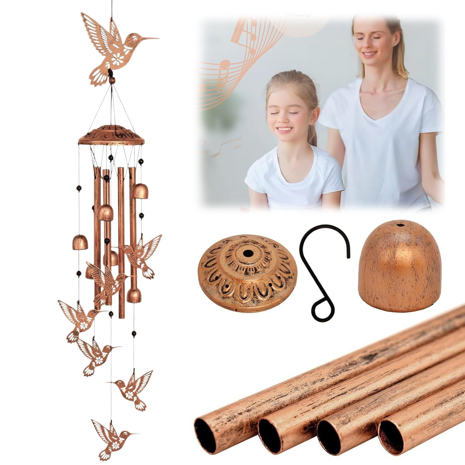 Yucurem Hummingbird Wind Chime for Outside, Handmade Metal Garden Wind Chimes, Melodic Weatherproof Wind Bell for Patio Porch Decor