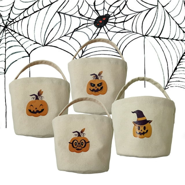 Neinkie Pumpkin Skull Hat Printing Handle Large Capacity Halloween Candy Bag Foldable Festive Cookie Biscuits Snack Container Cloth Gift Bag Party Supplies