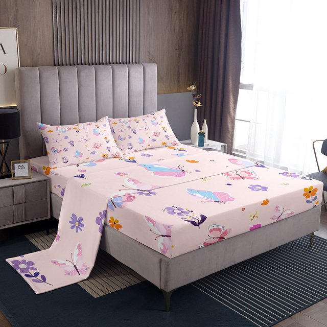 Erosebridal Cartoon Butterflies Bed Sheets Set Full Size,Floral Flower Bedding Full Size,Animal Decor,Breathable,4pcs
