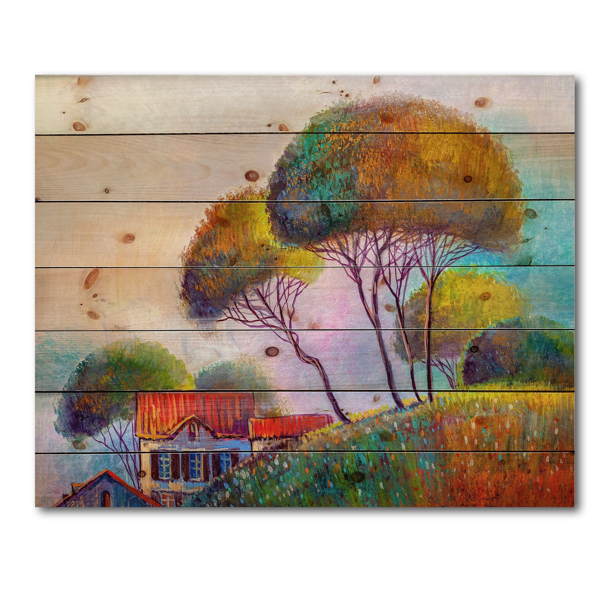 Designart 'Beautiful Village House On A Hot Summer Day' Modern Print on Natural Pine Wood