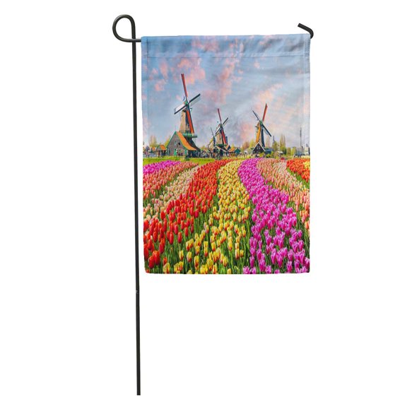 SIDONKU Landscape Tulips Traditional Dutch Windmills and Houses Near The Canal Garden Flag Decorative Flag House Banner 28x40 inch