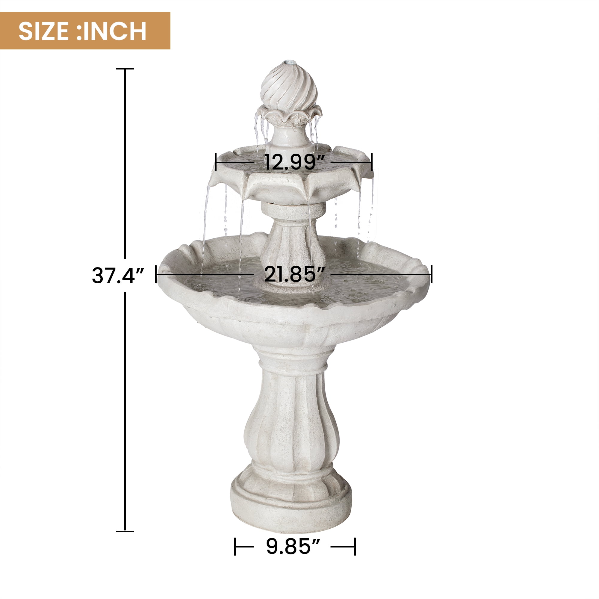 2 Tier Pedestal Fountain, 37.4 Inch White Polyresin Classic Outdoor Water Fountain for Patio Garden, White