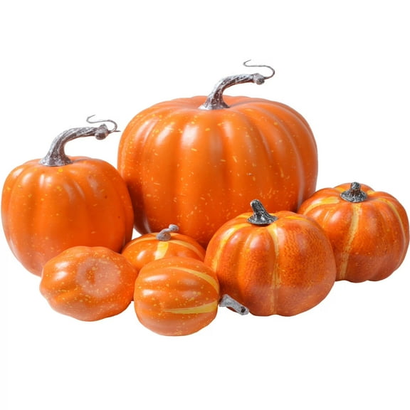 Halloween Assorted Sizes Pumpkin Orange Foam Decor Set, 7pcs Artificial Foam Pumpkins with Natural Ribbed Texture for Tabletop Shelf Mantel Centerpiece Fall Accent Ornament for Thanksgiving