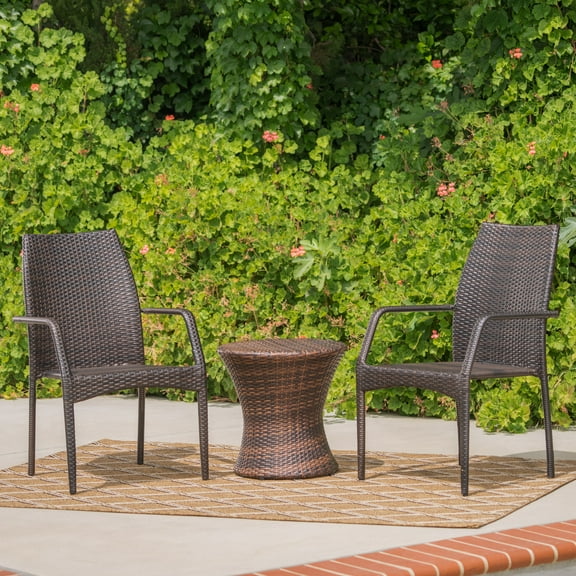 Clancy Outdoor 3 Piece Wicker Stacking Chair Chat Set, Multibrown