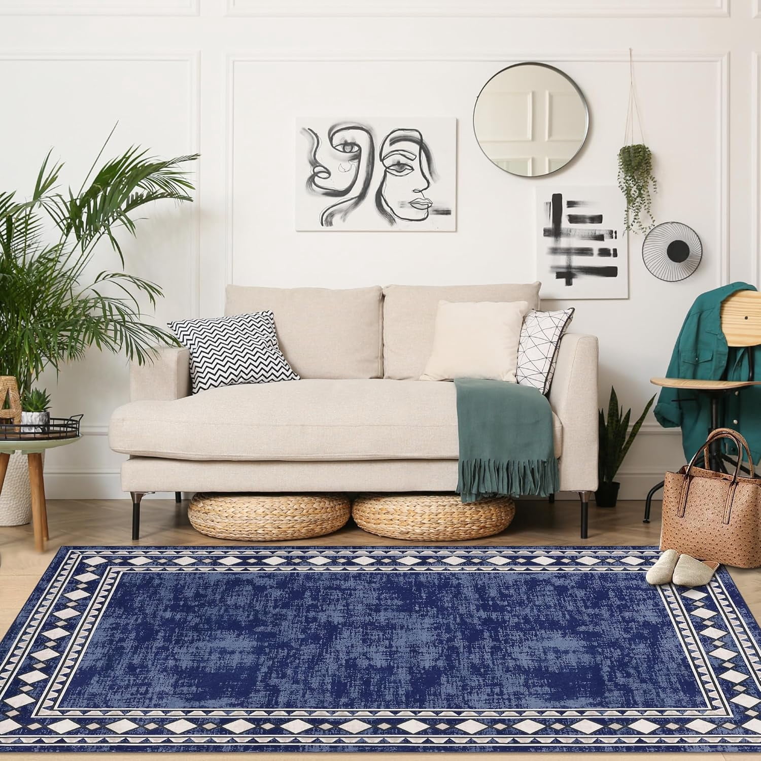 Large Area Rug - 10x13, Washable Vintage Blue Bordered Soft Living Room & Nursery Dining Room Carpet - Non Slip, Stain Resistant - Navy