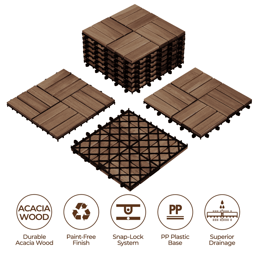 Renwick Pack of 27 Interlocking Deck Tiles, for Indoor Patio Garden, Brown