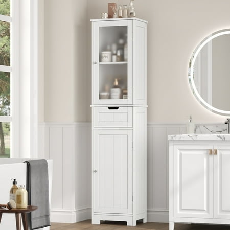 Homfa Bathroom Storage Tower, Narrow Linen Cabinet with Door and Drawers, Tall Bathroom Storage Cabinet for Small Spaces, White