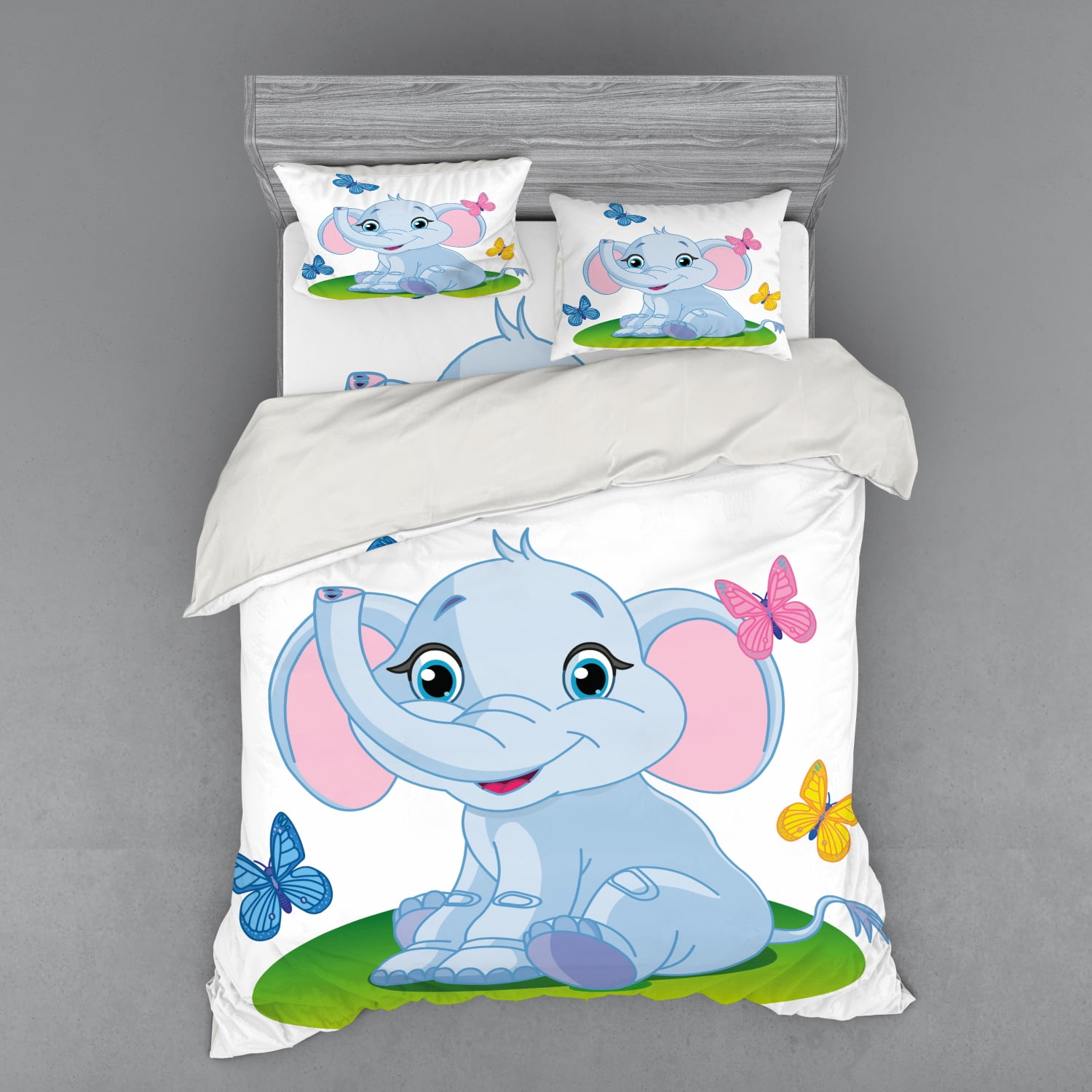 Nursery Duvet Cover Set, Baby Elephant Sitting on the Meadow in Spring