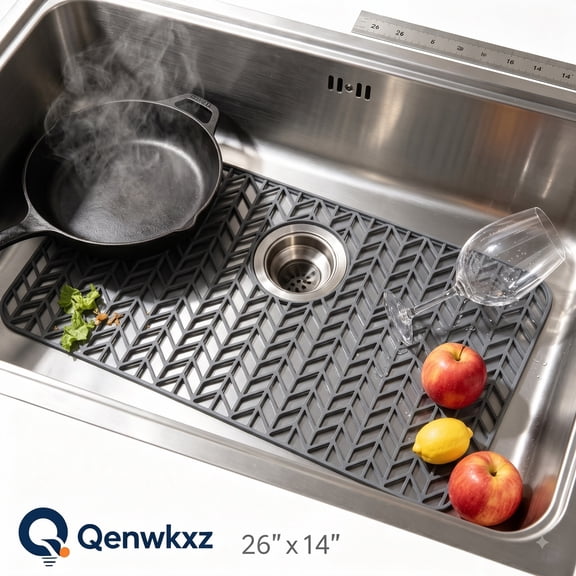 Qenwkxz Silicone Sink Mat 26" x 14" Rear‑Center Drain - Kitchen Sink Protector Mat Grid for Bottom of Stainless Steel Farmhouse Sink, 500°F Heat Resistant Non-Slip Mat