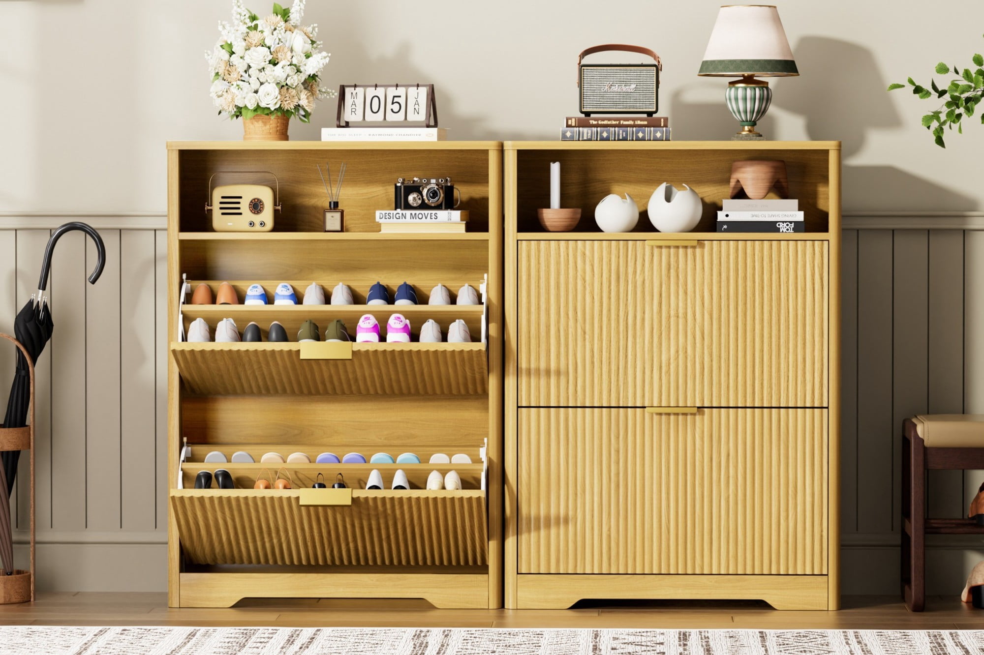 40" Shoe Cabinet with 2 Flip Drawers, Entryway Shoe Storage Organizer Rack, Narrow Hidden Shoe Cabinet for Hallway, Natural