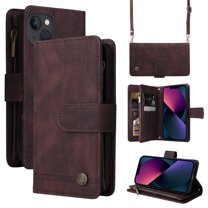 Mantto iPhone 13 Cover, Wallet Card Slot Crossbody/Shoulder Strap   Wristlet Strap Magnetic Flip Premium PU Leather Zipper Pocket With Kickstand For Apple iPhone 13,
Brown